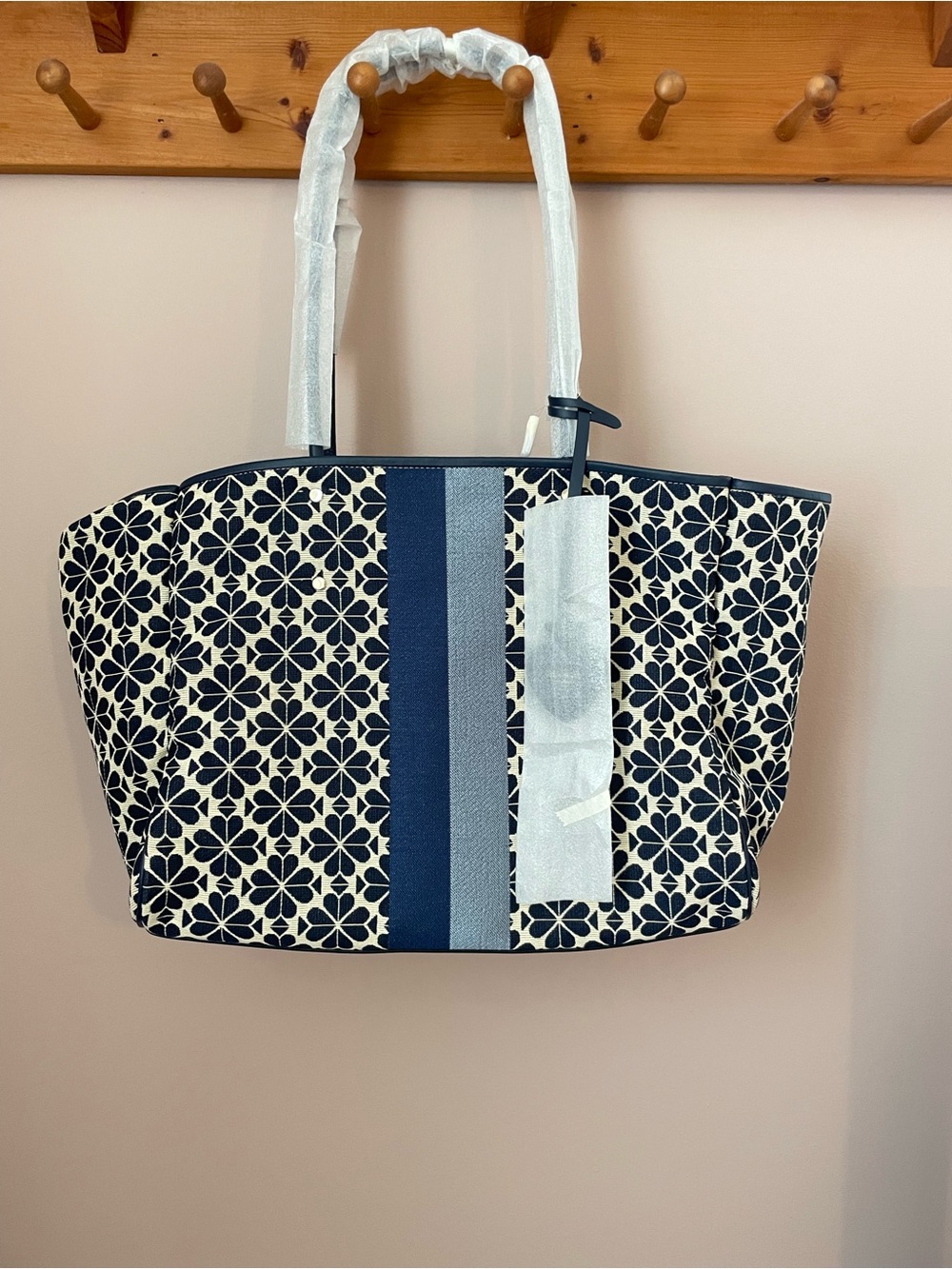 Kate Spade Tote, Large.  Navy Floral Canvas Tote Bag with Center Stripe